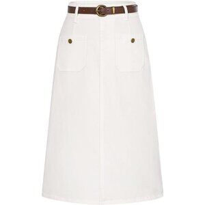 Denim Skirt with Belt Below Knee Length White